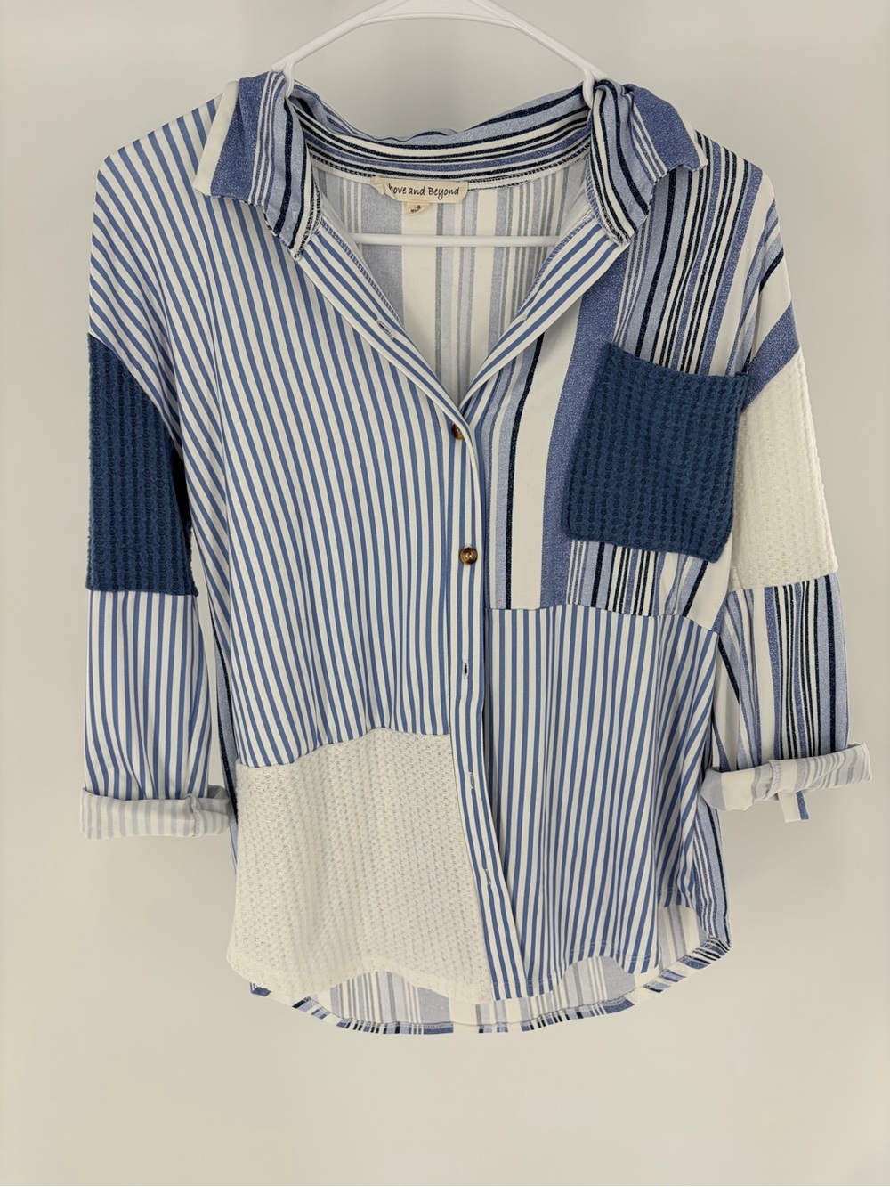 Striped Blue & White Patchwork Button-Down Shirt